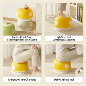 Creative mushroom-shaped stool for shoe changing and stepping in warm home settings.