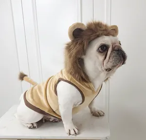 Cute lion costume for dogs featuring a furry mane headpiece and matching yellow vest