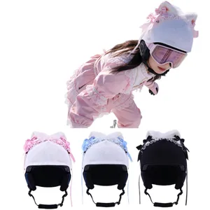 Cute Lolita style plush cat ear decorative knit covers for ski and motorcycle helmets