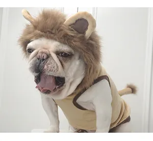 Detailed view of dog wearing lion costume with mane headpiece and vest