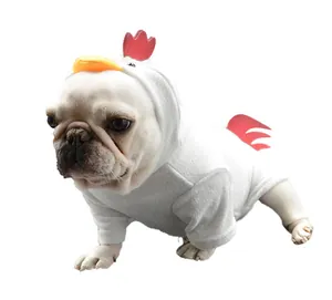 Close-up side view of funny white rooster-themed fleece dog hoodie for French Bulldogs