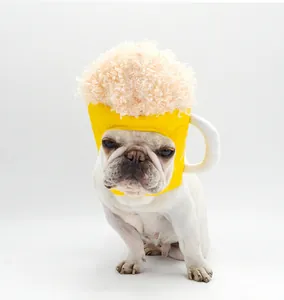 Detailed view of beer mug pet headpiece with fluffy foam texture on dog model.