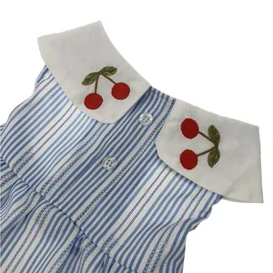 Summer pet dress featuring blue white stripes and exquisite red cherry embroidery details