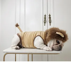 Detailed view of lion-styled pet costume featuring a soft fuzzy mane and long tail