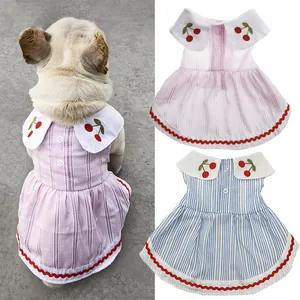 Striped pet dress with cherry embroidery and doll collar for small dogs and cats.