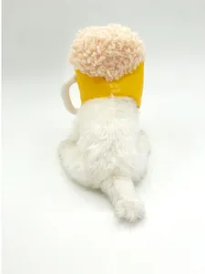 Back view of a dog wearing a funny beer mug plush hat for pet Halloween party outfit