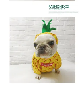 French Bulldog wearing a funny yellow pineapple pet costume for Halloween party