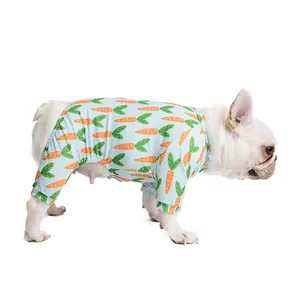 Cute carrot print dog pajamas, thin four-legged home wear for pets on white background.