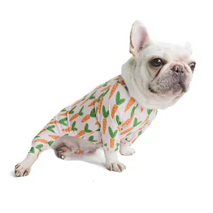 White French Bulldog modeling pink carrot pattern pet pajamas onesie for small dogs