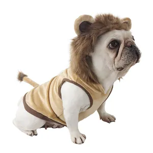 Funny lion costume for dogs featuring a furry mane headpiece and tan bodysuit with tail