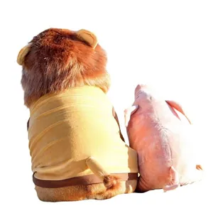 Adorable lion transformation pet costume with pig plush, back view of yellow dog shirt