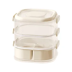 Modern three-tier transparent snack box with cream-colored accents and secure latches.