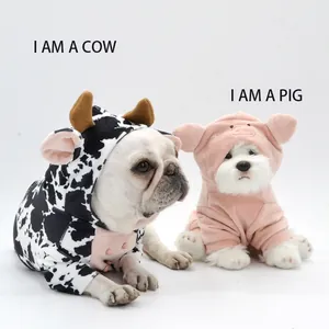 Halloween pet costumes featuring cow and pig patterned hooded fleece clothes for dogs