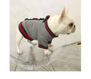 Bulldog francese bianco indossa un maglione lavorato a maglia grigio per i cani