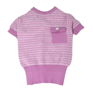 Pink Chanel-style knitted dog sweater with pocket and flower button decoration