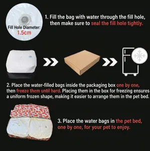 Step-by-step instructions for filling and freezing the pet cooling water bed mat.