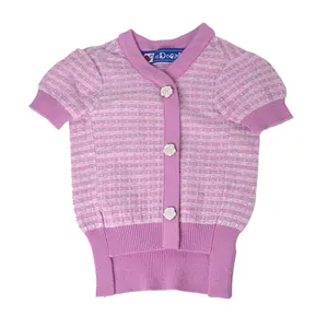 Pink and white checkered knitted pet cardigan sweater featuring elegant rose buttons