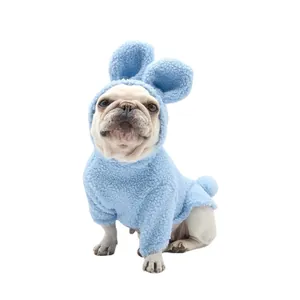Cute blue fleece dog hoodie with bunny ears for French bulldogs winter clothing
