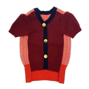 Pet short-sleeved cardigan sweater with gold buttons and chevron pattern for dogs
