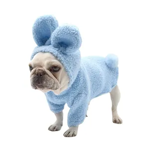Cute light blue fuzzy fleece dog costume hoodie with bunny ears for French Bulldogs