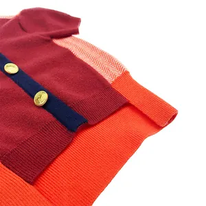 Color-block knit dog sweater with decorative golden buttons for autumn and winter warmth