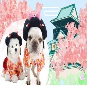 Creative Japanese pet costume featuring floral kimono and geisha wig headdress for small dogs