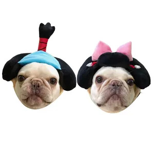 Cute Japanese style pet hats with samurai topknot and kimono bow for French Bulldogs