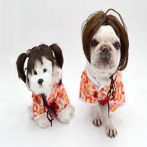Japanese style pet kimono dress for dogs and cats with funny brown wigs accessory