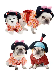 Creative pet Japanese kimono and samurai costumes displayed on small dogs in various styles