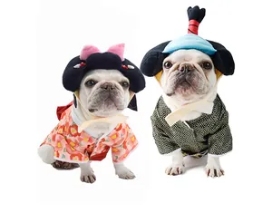 Pair of French Bulldogs in Japanese Kimono and Samurai costumes on white background