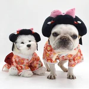 Japanese kimono for dogs with traditional floral pattern and geisha wig detail