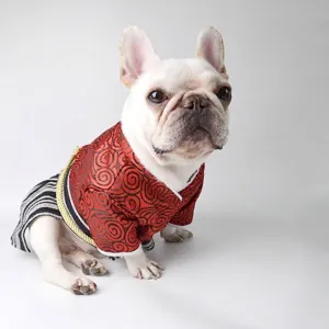Authentic Japanese style samurai kimono dog costume with red swirl patterns and golden rope