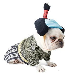 Creative Japanese samurai kimono dog costume with a traditional headpiece for small pets