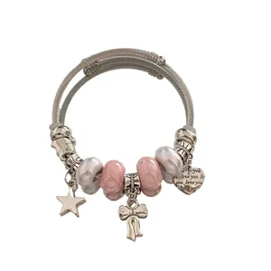 Bracelet ouvert en acier inoxydable avec perles DIY cœur et nœud, style élégant