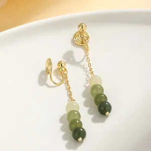 Retro Natural He Tian Jade Drop Earrings For Women Elegant Gold Plated Freshwater Pearl Long Tassel Clip-on Earrings Chinese Style Jewelry