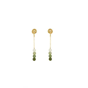 Retro gold plated earrings with gradient green Hetian jade beads on thin chains