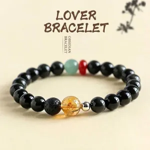 Handmade obsidian and yellow rutilated quartz bracelet for couples with jade and agate