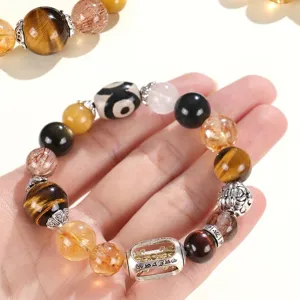 Original Tigerauge und Super Seven Perlenarmband mit Dzi-Perle und Pixiu-Anhänger