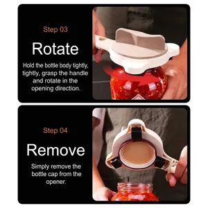 Adjustable manual jar opener tool demonstrating the rotation and cap removal steps.