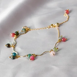 Bracciale in Granato Naturale Tormalina Pietra di Luna Quarzo Fragola per Donna Gioielli con Catena a Onde in Rame Oro Retrò Francese