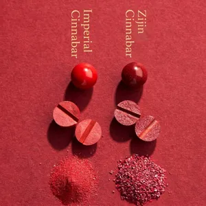 Detailed comparison between Imperial Cinnabar and Purple Gold Cinnabar beads and powder.