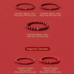 Premium cinnabar beaded bracelets with 999 gold accents in 4mm 6mm and 8mm sizes
