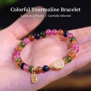 Pulsera de cuentas de turmalina multicolor con amuleto de calabaza y etiqueta de oro