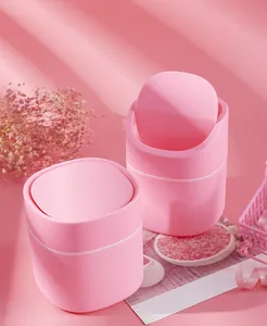 Mini papelera de escritorio rosa de estilo nórdico con tapa para organizar la oficina