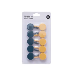 Set of 10 minimalist self-adhesive plastic wall hooks in vibrant blue and yellow colors