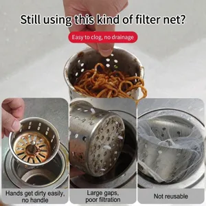 Comparison of traditional stainless steel sink strainers showing common clogging issues