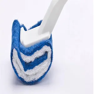 Macro view of the blue and white soft fiber scrubbing head for a modern toilet brush