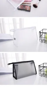 Detailed view of breathable mesh toiletry bags in black and white for cosmetics