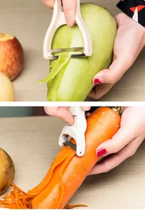 Demonstration of a 2-in-1 vegetable peeler shredding a carrot and peeling a melon