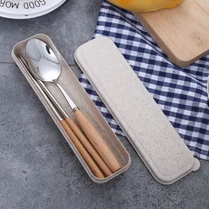 Portable Stainless Steel Tableware Set With Wood Handle Spoon And Chopsticks Travel Case For Students Outdoor Office
